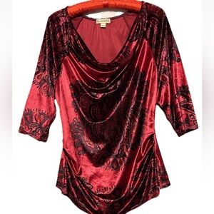 Live and Let Live Top S Red Whimsigoth Velveteen Stretch Knit Draped Neck Shirt